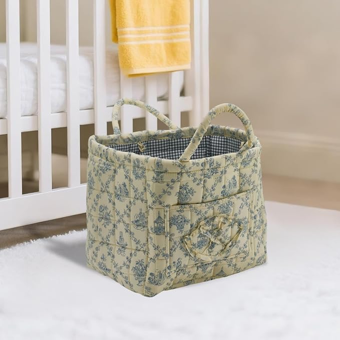 Quilted Fabric Storage Basket with Handles & Pocket, Foldable Laundry Hamper Boho Floral Print Organizer Bin for Home, Picnic, Office 12"x10"x10" (B-3)