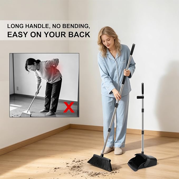Black Broom and Dustpan Set 2 Pack, Long Handle Floor Cleaning | Self-Cleaning Comb Teeth, Upright Storage, Indoor Outdoor Sweeping for Home, Kitchen, Garage and Pet Areas