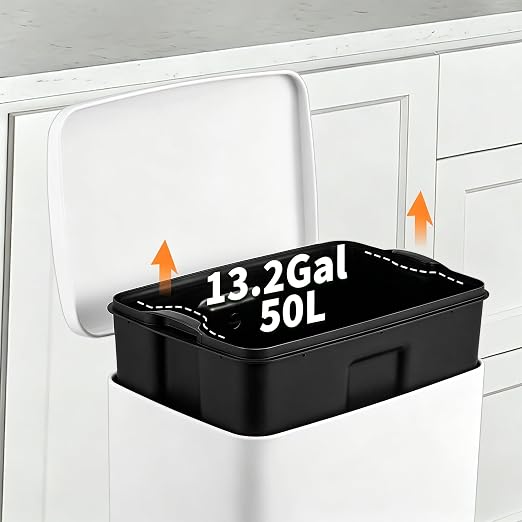 13 Gallon/50L Stainless Steel Step Trash Can, Soft Close Pedal Garbage Bin with Detachable Inner Bucket,Fingerprint Resistant,Dual-Use Waste & Recycling Container for Home Kitchen, Bathroom and Office