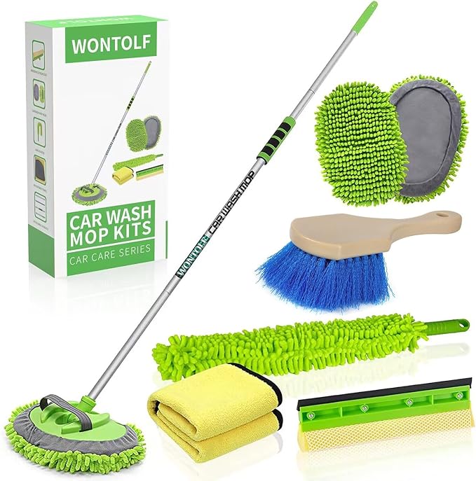 Wontolf 62'' Car Wash Brush with Long Handle Chenille Microfiber Car Wash Mop Mitt Kit Car Detailing Brush Cleaning Kit Window Squeegee Car Duster Drying Towels Tire Brush for Cars RV Truck Boat