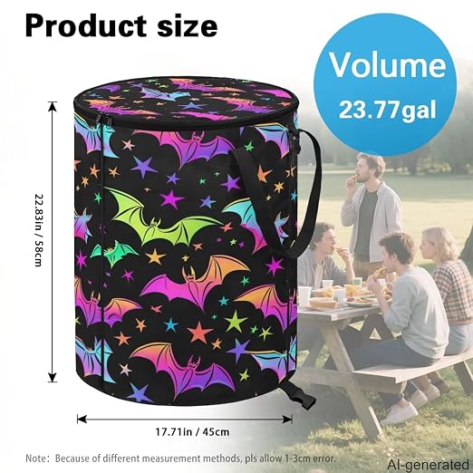 Halloween Bat Outside Garbage Can with Lid 24 Gallon Collapsible Trash Can Easy to Clean Pop-Up Storage Bag for Outdoor Parties Foldable Reusable Trash Bin Camper Must Haves