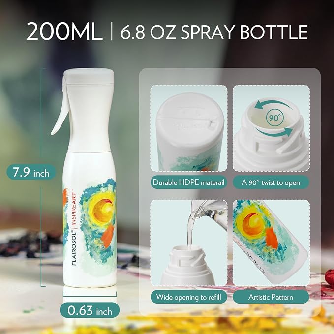 FLAIROSOL InspireArt Continuous Ultra Fine Spray Bottle, 6.8oz, White/Green | Patented technology, for hairstyling, cleaning & arts and crafts use, versatile water spray bottle
