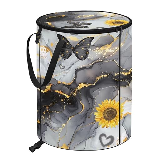 BIGCARJOB Marble Print Collapsible Trash Can Portable Tall Trash Can Oval Recycling Bin 22.83x17.71 Outside Sunflower Garbage Bin Storage Bag with Clip and Zipper Lid