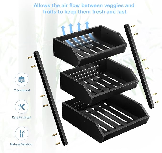 G.a HOMEFAVOR 3-Tier Fruit Basket for Kitchen Counter, Black, Self-assembly | Large Bamboo Fruit Holder for Kitchen Countertop, Snack Vegetable Storage Stand and Home Organizer