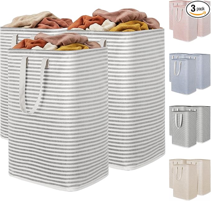 Lifewit 3 Pack Laundry Basket 80L Each, Collapsible Clothes Hamper with Reinforced Handles, Freestanding Waterproof Design for Bedroom and Laundry Room, Grey 240L Total