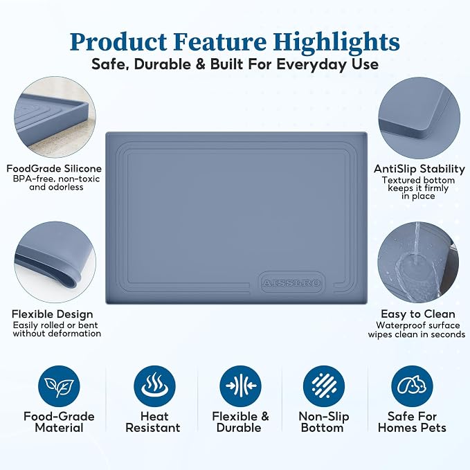 Waterproof Under Sink Mat 28"x19", Silicone Mat, Dark Blue | BPA-Free Shelf Liner, Raised Edge Traps Spills & Leaks, Bathroom, Kitchen Cabinet, for Boots, Pets, Home Essentials Organizer