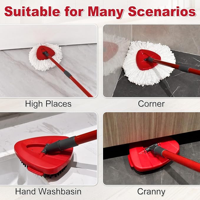 Spin Mop Handle,Mop Replace Heads,Brush and Base Compatible with O Cedar EasyWring 1 Tank,2 Microfiber Mop Refills and Brush,4-Section 30-58" Mop Handle,Mop Base Combo Set for Wet/Dry Floor Cleaning