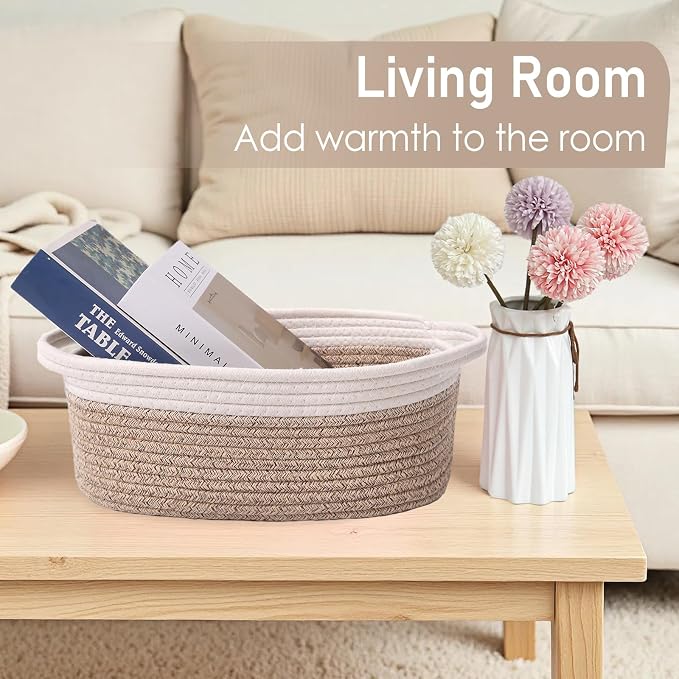 JMvicyroam Small Woven Basket, Empty Gift Basket, White&Oatmeal/1 Pack | Small Gift Basket, Cotton Rope, 12 x 8 x 72 in, Handles, Includes Ribbon and Bag, Birthday Gift Basket