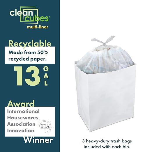Clean Cubes 13 Gallon Multi-Liner Pop-Up Trash Cans, 3-Pack (White) | 3 Stacked Liners Per Bin, 9 Uses Per Pack, Swap Liners Without Touching Trash, No Assembly, Wire-Reinforced Opening