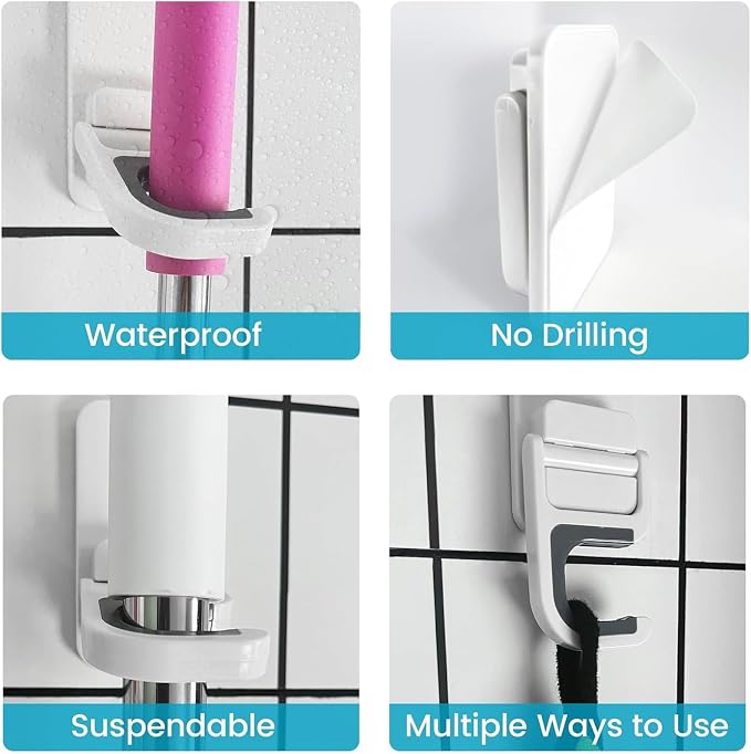 Broom Holder Wall Mount, 4 Pack Broom and Mop Organizer Wall Hanging Self Adhesive, No Drilling, Anti-Slip Broom and Mop Hanger Wall Mount Cleaning Ideal for Bathroom, Kitchen, Garden, Garage