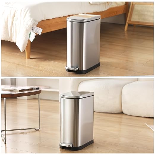 SYNCVIBE Bathroom Trash Can with Soft Close Lid 3.5 Gallon Silver | Stainless Steel Garbage Can with Removable Inner Bucket Slim Trash Bins with Step Pedal for Bedroom, Office