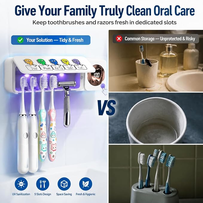 Toothbrush Holders Wall Mounted Name Labels No Drill for Family & Bathrooms | 5 name slots wall mount toothbrush holders, strong adhesive, fits electric/manual, 30-day bat, stops when open, HD display