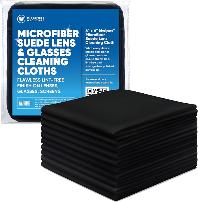 Premium Lens Glasses Cleaning Cloth by Microfiber Wholesale | Black | 6”x6” | 10pk | Soft Microfiber Suede | Travel Size Reusable | No Lint Scratch-Free Durable | Lenses Glasses Phones
