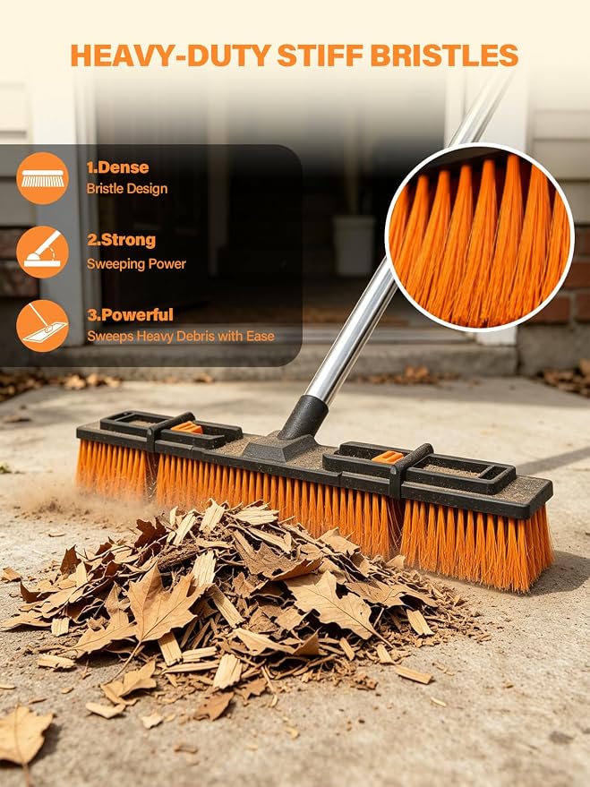 18.5" Push Broom Outdoor Heavy Duty Stiff Bristle Shop Broom with 57" Stainless Steel Long Handle Foldable Head for Corner Floor Cleaning Garage Patio Deck Concrete Indoor and Outdoor Broom