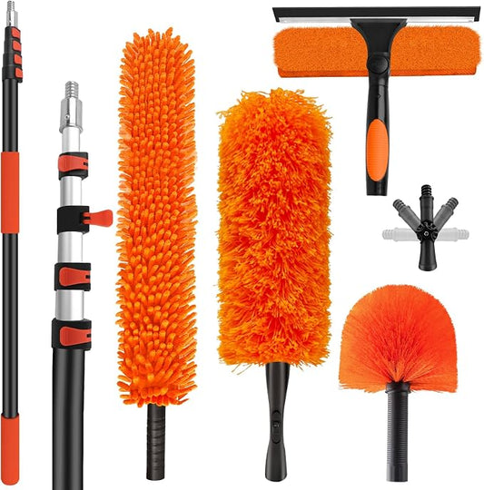 26FT High Reach Duster Cleaning Kit with 5-20 FT Extension Pole | High Ceiling Dust and Window Clean Kit with Microfiber Feather Duster,Cobweb Duster,Ceiling Fan Duster,Window Squeegee Clean