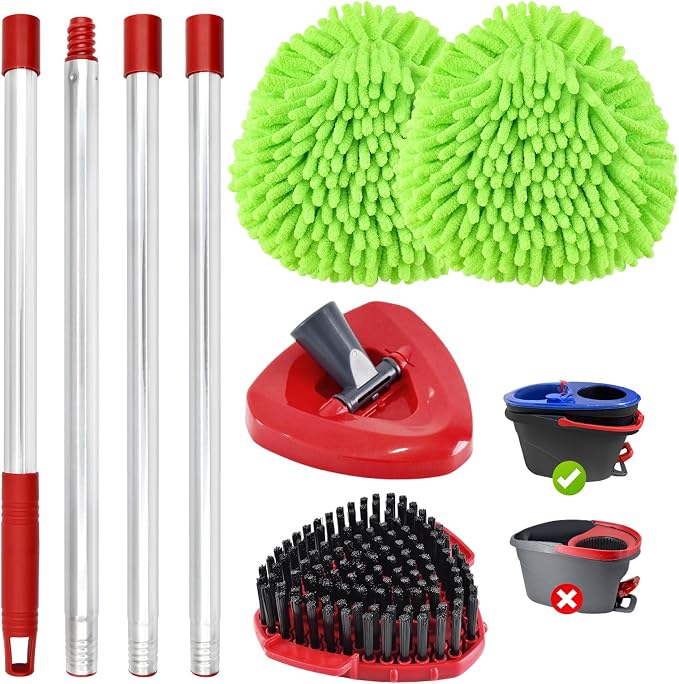 Chenille Mop Heads Scrubber Brush & Base Mop Replace Handle for O-Cedar RinseClean 2 Tank Spin Mop System Set Include 2 Chenille Mop Pads 1 Brush 1 Base and Stainless Steel Mop Handle (NO Bucket)