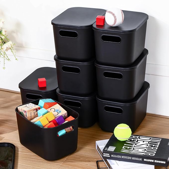 Hoolerry 8 Pack Storage Bins, 9.8 X 7.1 X 6.3 Inch Black | Plastic Stackable Containers with Lid Handle, For Shelves Desktop Playroom Office, Organizing Toys Books Supplies Storage