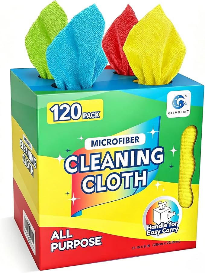 GLIMGLINT Microfiber Cleaning Cloth 120 Pack, Reusable Paper Towels 11 x 9 | Lint Free & Ultra Absorbent Cleaning Rags for Car, Home, Kitchen, Glass & Screen, Washable Shop Towel Rag with Box Multicolor
