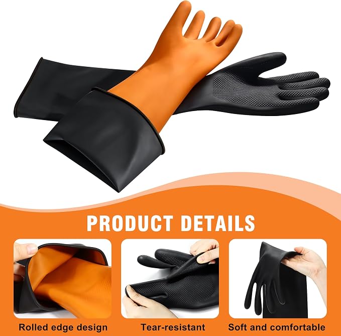 22"Black Anti-Slip Chemical Resistant Rubber Gloves, Long Heavy Duty Glove, Industrial Safety Work Protective Gloves for Men, Forearm Protection Waterproof Resist Strong Acid, Alkali, Oil, XL Size