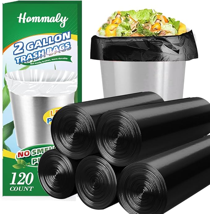 2 Gallon 120pcs Small black Trash Bags(Fit 1.8-2 Gal) Plastic black Garbage Bags,Bathroom Trash Can Bin Liners,Waste Basket Liner,Fit 6-8 Liter, 1.8 Gallon,2 Gallon (2-Black120)