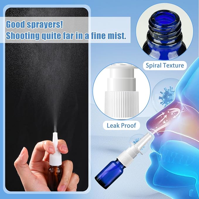 4 Pcs Nasal Spray Bottle, 10ML/0.35OZ 2 Pcs Brown Blue Empty Refillable Glass Fine Mist Nasal Spray Bottle with 1 Funnels and 1 Labels