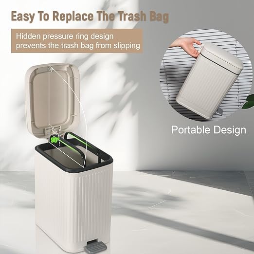Small Bathroom Trash Can with Lid, 2.6 Gallon Slim Soft Close Step, Cream | Garbage Can with Pedal for Office, Bedroom, Kitchen & Living Room, Narrow Plastic Wastebasket Container for Small Spaces