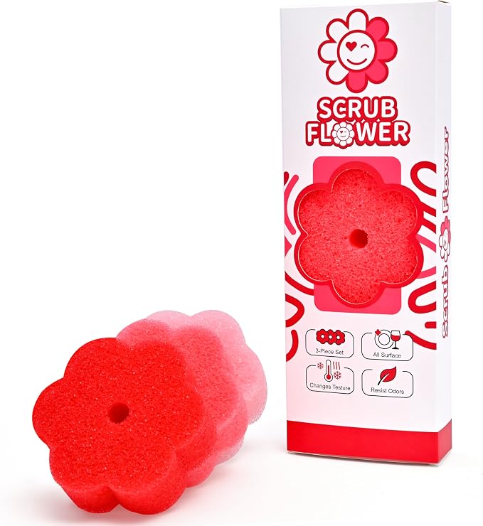 Scrub Flower Temperature Sensitive Sponges, Wild Poppy, 3 Count | Firm when cold and soft when warm, these odor-resistant scrubbers clean dishes, kitchen surfaces and more.