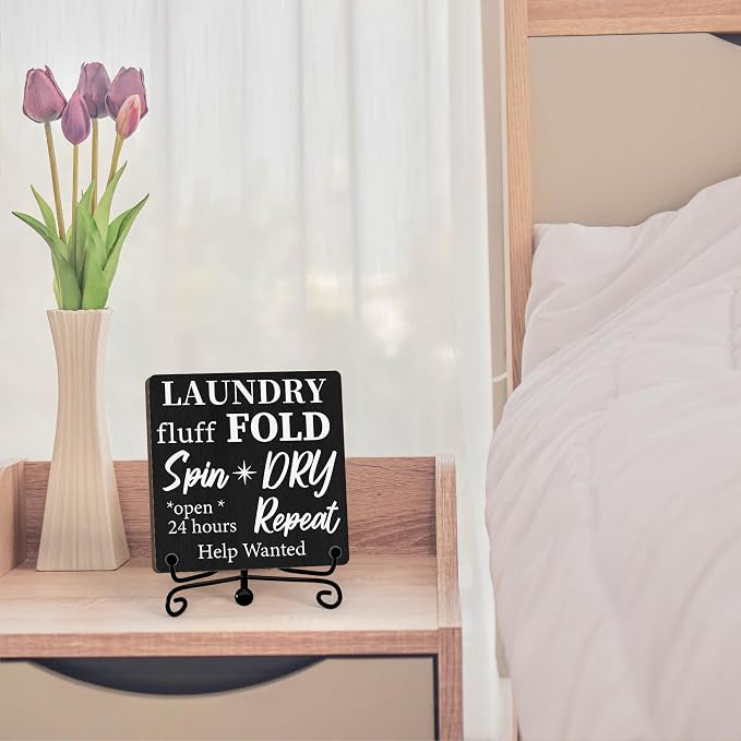 Laundry Room Sign, Washing Room Desk Decor, Laundry Fluff Fold Spin Dry Sign, Farmhouse Shelf Decor, 01