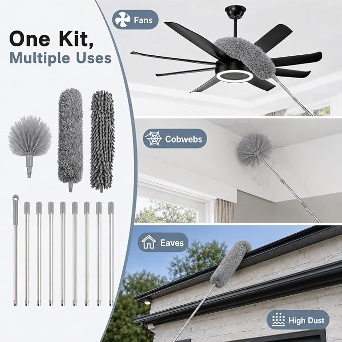 20FT Long Duster for High Ceilings, 3.4-14FT Cobweb Duster with Extension Pole, High Reach Duster Kit with Washable Head for Cleaning Ceiling Fans, Ceilings, Cobwebs