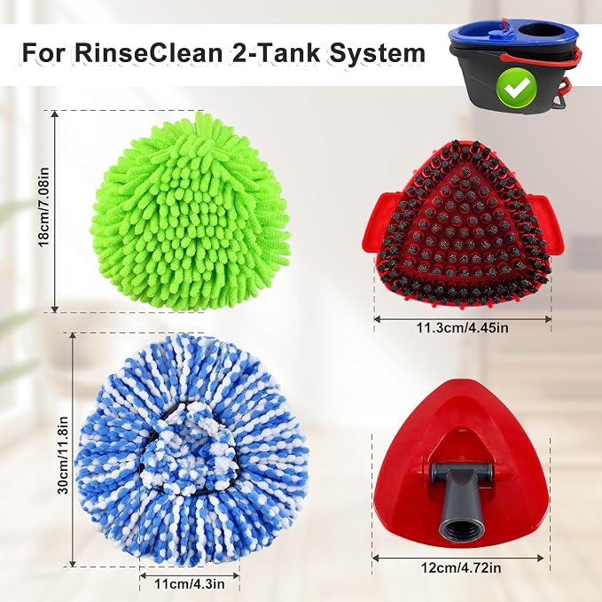 Mop Head Replacement for O Cedar, Spin Mop Replacement Head for Ocedar RinseClean 2 Tank System, Mop Heads Includeds 4 Mop Replacement Heads , 1 Spin Scrub Brush & 1 Base