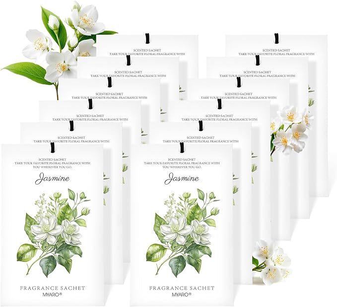 MYARO 12 Pack Jasmine Scented Sachets, Closet Deodorizer Car Air Freshener | Long-Lasting Sachet Bag, Odor Eliminator for Closet, Drawer, Bathroom, Clothes, Fabric Refresher, Home Fragrance Gift Set