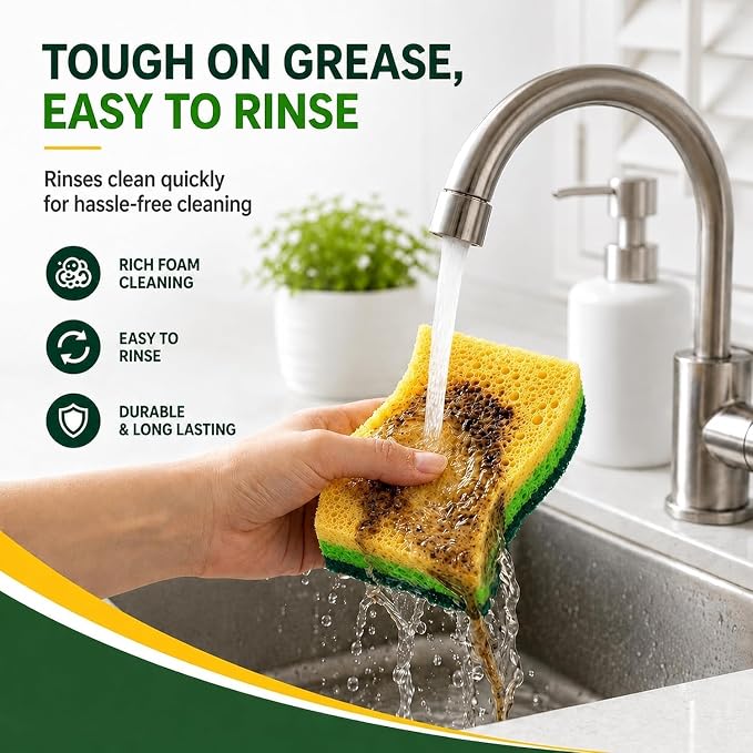 12 PCS Sponges Kitchen, Non Scratch Scrub Sponges for Washing Dishes, Green | 3-Layer Kitchen Sponge, Dual-Sided Cleaning, Rich Suds Fast, Easy-Grip Design, Easy Rinse & Quick Clean, 12 Pack Value