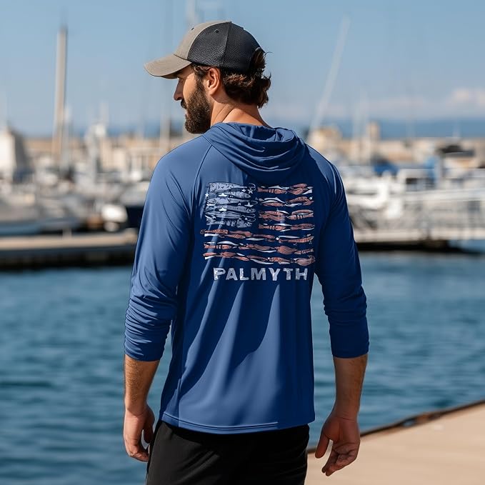 Palmyth Men's Fishing Hoodie UPF 50+ Long Sleeve with Face Mask Neck Gaiter | Zipper Pocket, Thumb Loops, Quick-Dry, Side Mesh Panels, Lens Cleaning Cloth