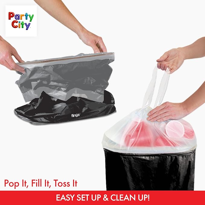Party City Flings Plastic Bin (3-Pack) - Black (2) and Recycle (1) - 22 x 15 - Stylish & Convenient Portable Waste Solution for Events & Parties