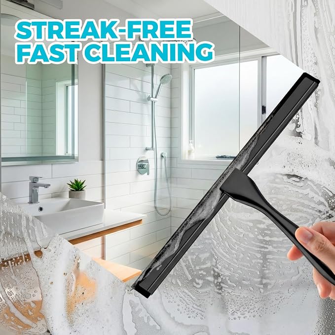 2pcs Shower Squeegee for Glass Doors with Adhesive Hanging Hook Set | 10” Black, Bathroom Accessories, Window Cleaner, New Home Essentials, Soft Rubber Blade, Metal Handle, Ergonomic Grip