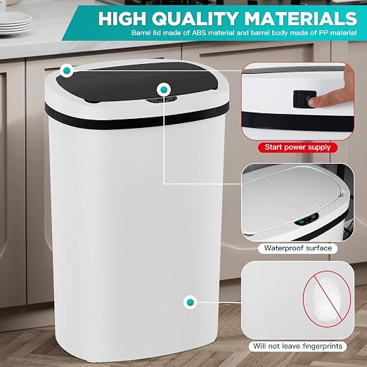 PayLessHere | 13 Gallon Plastic Trash Can | White | Automatic Touchless Lid with Motion Sensor | Kitchen Garbage Can with Waterproof Design | for Home, Office, Bathroom | Pack of 3