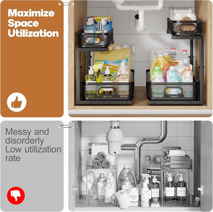 2 Pack 19.3IN-Depth Under Sink Organizer with Smooth Cylindrical Rail,2-Tier Pull Out Multi-Purpose Cabinet Storage for Bathroom&Kitchen,Height Adjustable,Rust-Resistant Coating-Black