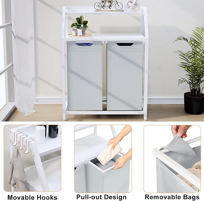 Laundry Hamper, Laundry Sorter 2 Section, Rolling Laundry Basket with Wheels, 2 Shelves, 2 × 14.5 Gal, Pull-Out and Removable Oxford Fabric Bags, for Laundry Room, White and Grey