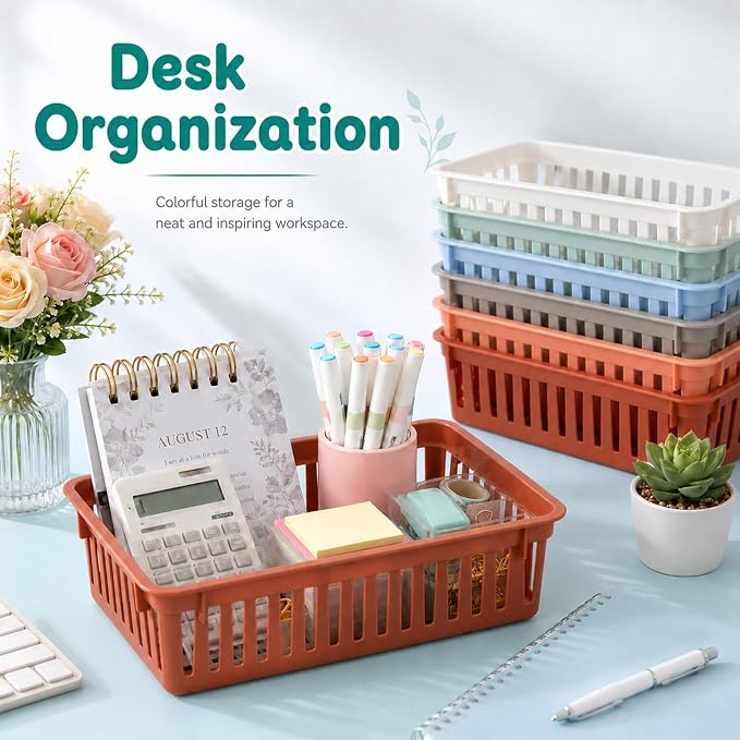 gisgfim 12 Pack Classroom Small Plastic Baskets for Organizing Mini Pencil Crayon Storage Bins Classroom Container Boxes for School Teacher Supplies Home Office Desk 6.1" L X 4.7" W X 2.4" H (Boho)