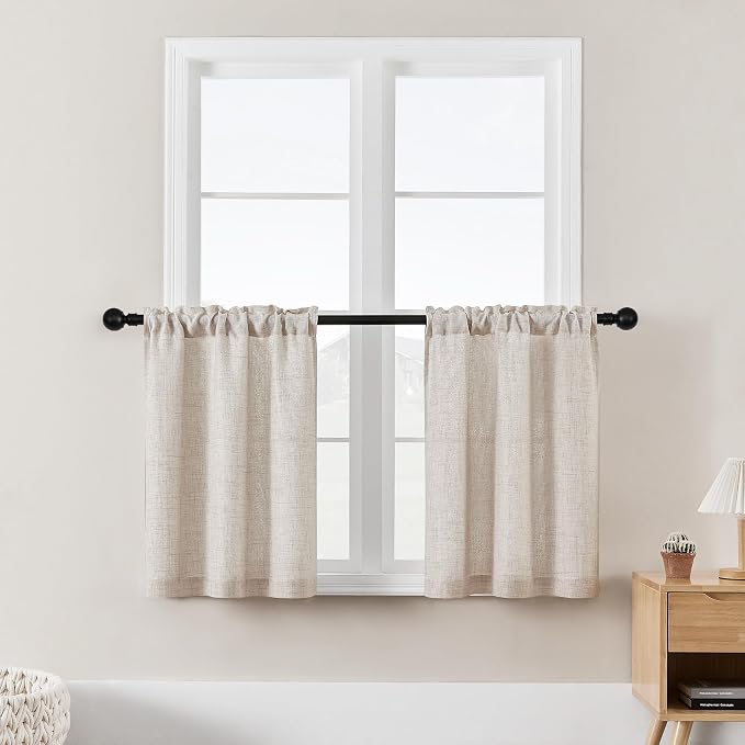 30 Inches Kitchen Curtains 2 Panels Light Coffee Tan Beige Linen | Privacy, Short Drapes, for Cafe Bathroom RV, Small Window Curtain, 30 Inch Length, Rustic Farmhouse Boho Curtains, W25xL30
