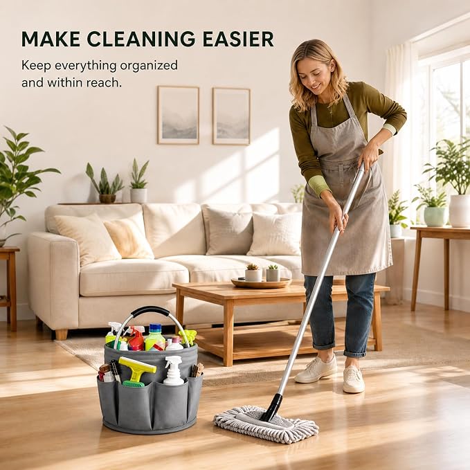 Cleaning Caddy, 17L Foldable Basket with Handle, 6 Pockets - Supply Organizer (Gray)