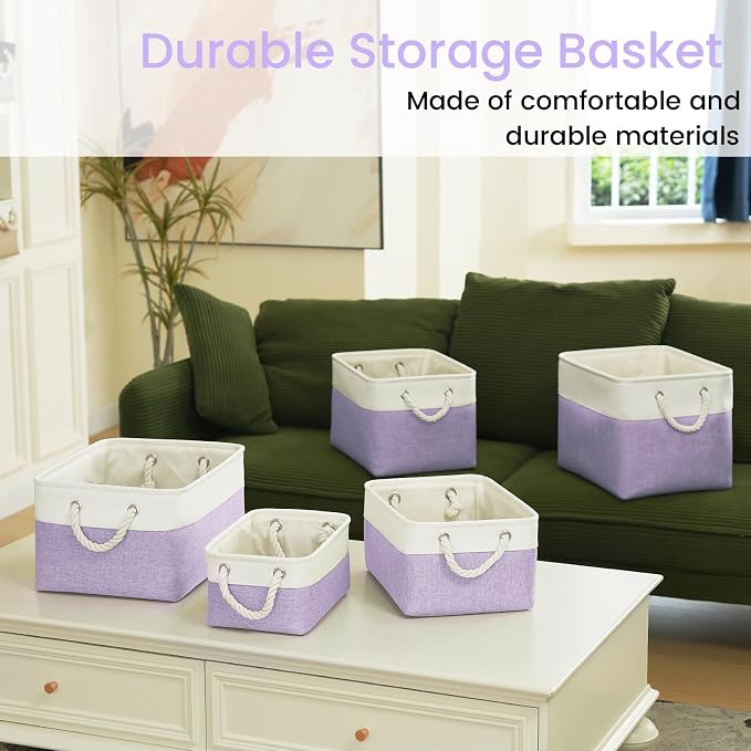 15x11x10 In Foldable Fabric Large Storage Bins with Handle 1 Pack | Organizer Baskets, Sturdy Metal Strand, Cardboard Support Molding, Storage Baskets for Shelves, Closet, Bedroom, White/Purple