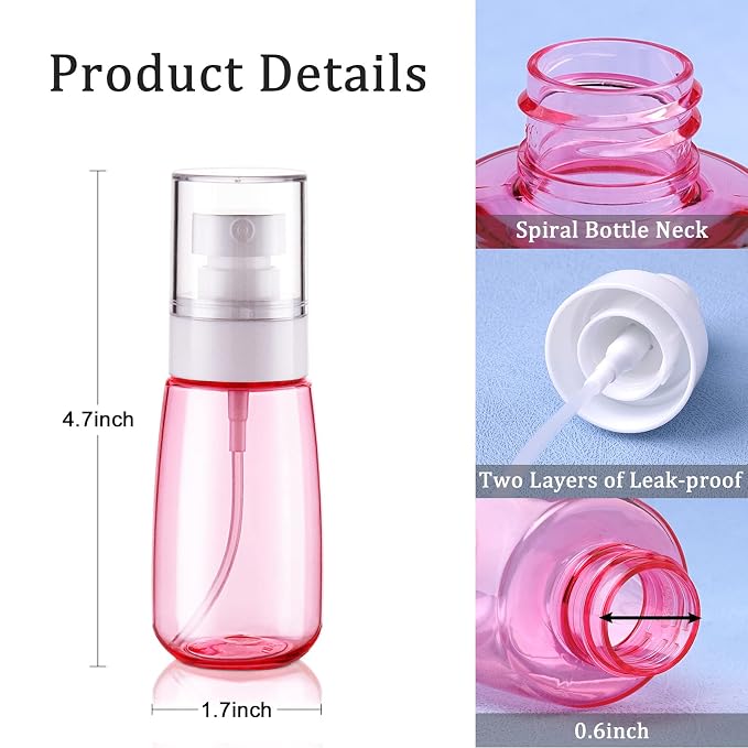 Travel Spray Bottle TSA Approved 2oz 60ml 6 Pack Leak Proof Travel Spray Bottle Empty Small Spray Bottles for Perfume Essential Oils Toners Rose Water Cosmetics (6PCS-2PinkBlue2Clear)