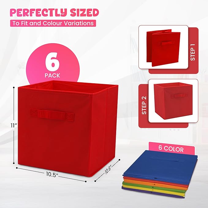 4E's Novelty 6 Packs 11 Inch Rainbow Color Storage Cube Bins, Colorful Storage Baskets For Nursery, Kids Room, Fabric Baskets For Toys, Clothes, Boho Cube Bins for Classroom Organization & Storage