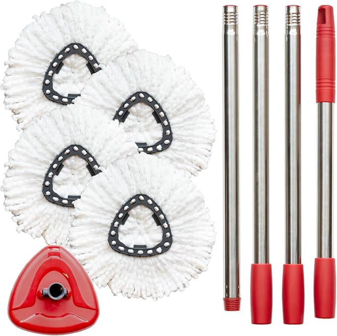 Mop Handle Mop Replace Heads and Mop Base Brush Replacement | for O Cedar EasyWring 1-Tank System(4 Spin Mop Replacement Head, 4-Section Mop Handles, 1 Base)