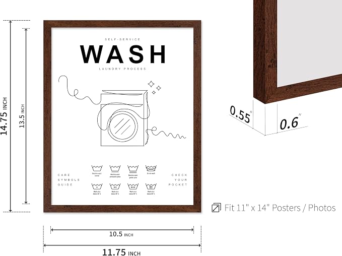 Poster Master 3-Piece Wash Dry Fold Print - Laundry Poster - Line Drawing Art - Black & White Design - Symbols & Guide Art - Minimal Laundry Room Decor - 11x14 Brown Framed