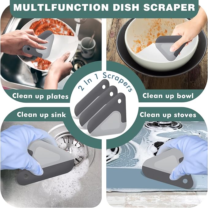 Food Scraper Dish Scraper for Cast Iron Skillets, Cookware, Pans and Pots | Nylon and Silicone, 2-in-1 Kitchen Scraper Tools, Pan Scraper, Heat resistant to 140 ℉, 3 Pack