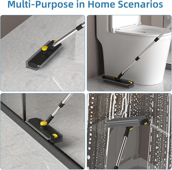 Floor Scrub Brush with Long Handle, 3 in 1 Scrape and Heavy-Duty Stiff Bristle Floor Scrubber Brush Broom with Squeegee and Tweezer for Cleaning Black