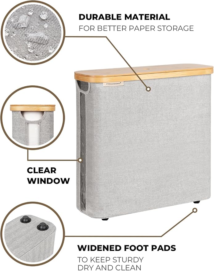 StorageWorks Toilet Paper Storage Basket with Bamboo Lid & Window | See Rolls at a Glance with Clear Window, Holds 16 Regular or 12 Mega Rolls for Bathroom Toilet Paper Storage, Grey
