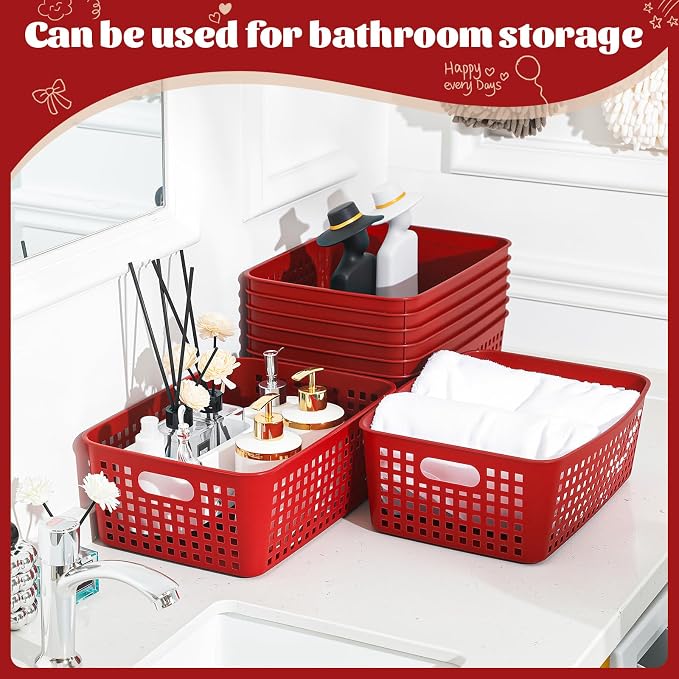 Lineshading 12 Pack Plastic Storage Baskets for Organizing, Red | 13 x 10'' Large Plastic Storage Baskets Bins with Grip Handles, Stackable Mesh for Cabinets, Desktops, Shelves, Home & Office